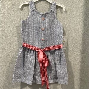 Fourth of July Blue and White Seersucker Dress with Red Bow